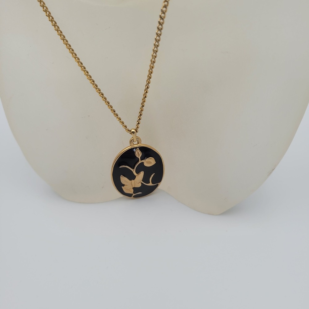 Hanae Mori Vintage Butterfly Black Enamel Gold Tone Oval Pendant Necklace